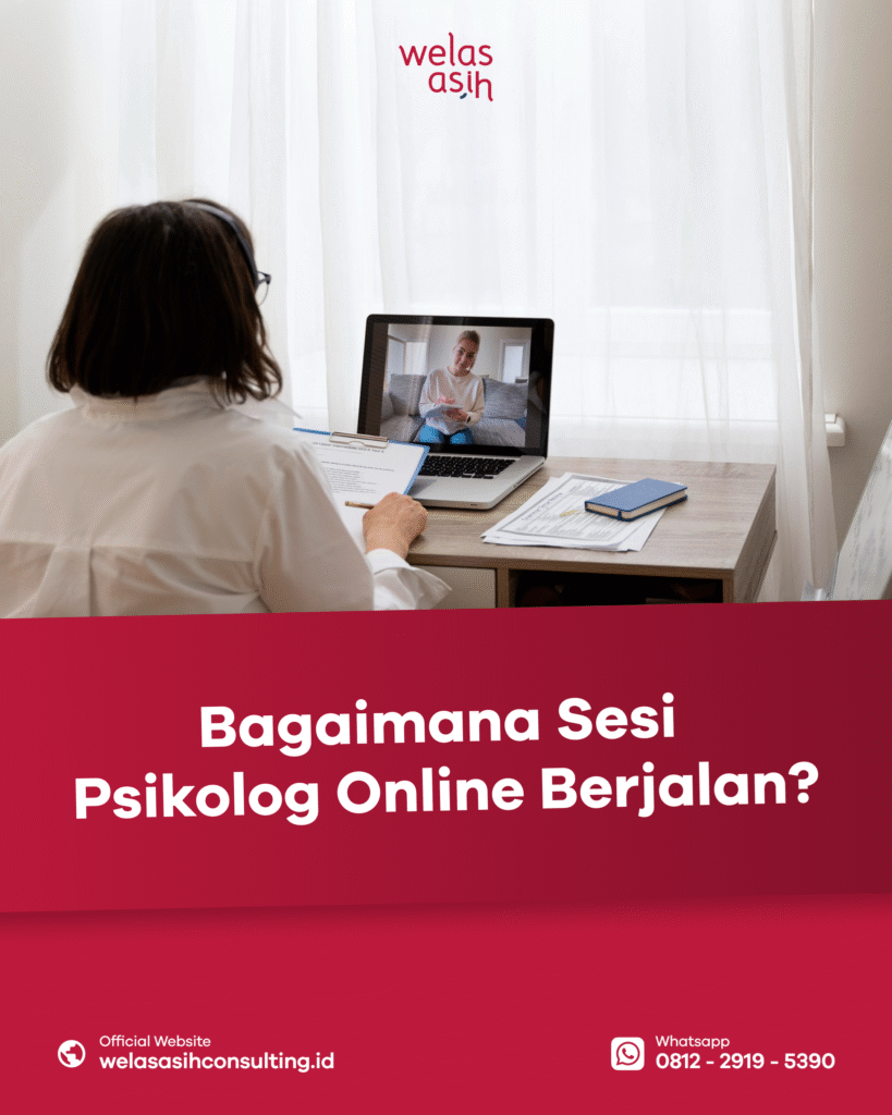 individu berbicara dengan psikolog via laptop